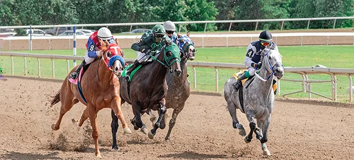 Horse racing action with jockeys riding at speed on a dirt track, competing closely during an intense race event