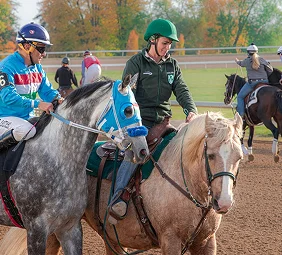 Jockeys on horses preparing at a race track, wearing helmets and colorful gear, getting ready for training or competition